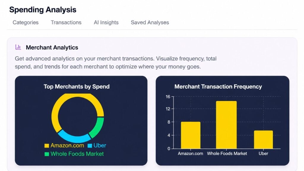 Modern merchant analytics dashboard displaying spending trends, transaction frequency charts, and financial data visualization in a clean interface.