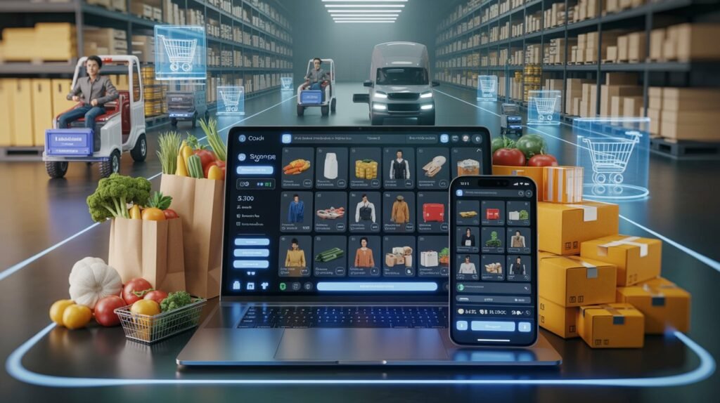 Modern eCommerce marketplace with groceries, electronics, fashion products, delivery tracking, and AI-powered shopping technology on laptop and smartphone screens.