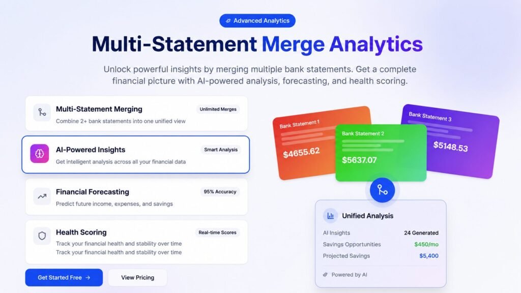 Multi-Statement Merge Analytics AI dashboard showing merged bank statements, AI-powered insights, financial forecasting, and unified financial analysis in ultra HD 8K resolution.