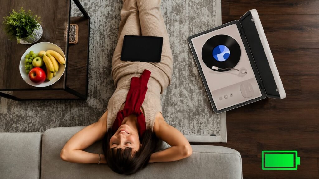 PackGo portable entertainment device with 6 hours battery playtime beside a relaxing woman in a modern living room