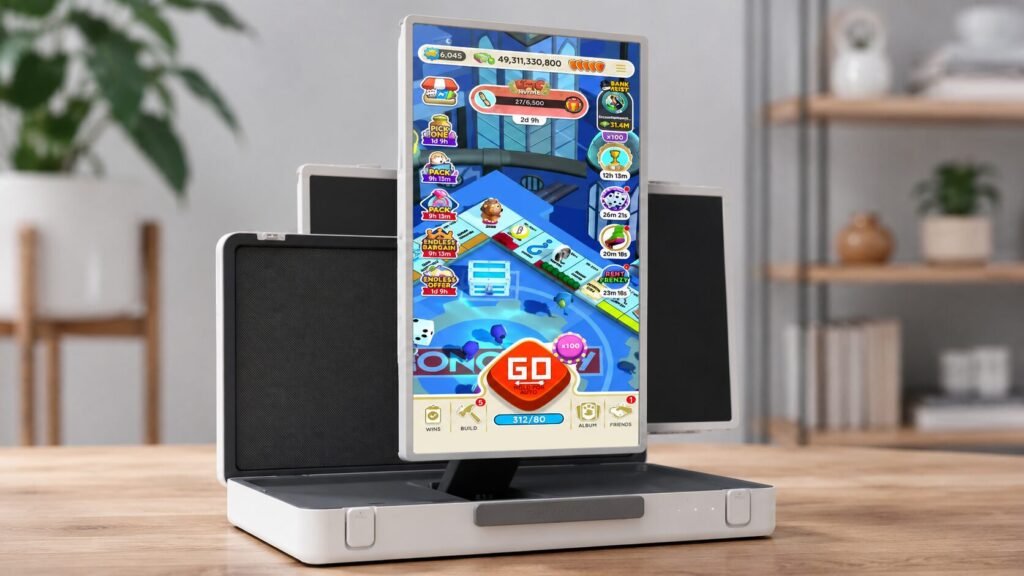 PackGo auto-rotation display device switching between portrait and landscape modes with a modern touchscreen interface in a realistic indoor setup.