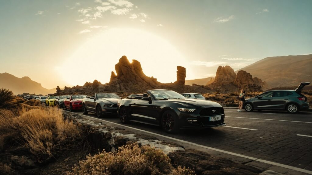 Luxury rental cars parked during a scenic USA road trip at sunset for VIP Cars Review 2026