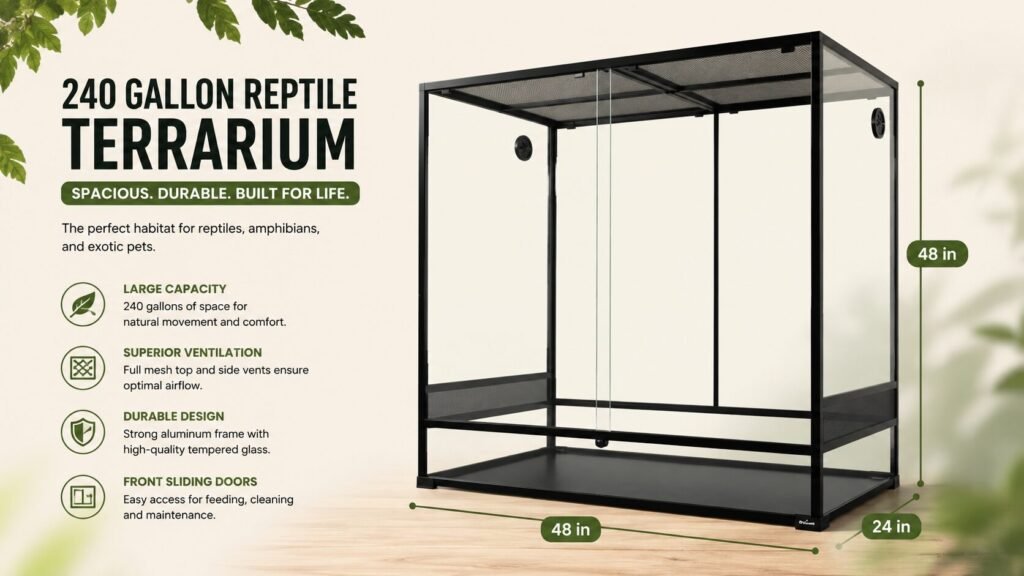 REPTI ZOO 240 Gallon reptile terrarium with durable black aluminum frame, tempered glass enclosure, front sliding doors, and spacious ventilated habitat design.