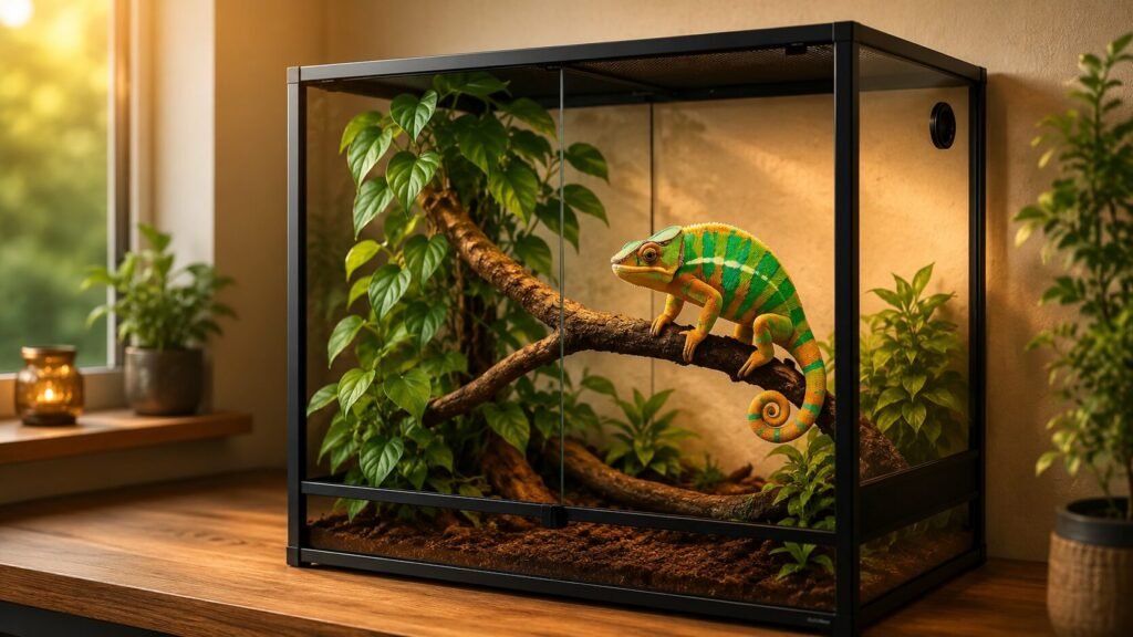 REPTI ZOO 240 Gallon glass terrarium with a colorful chameleon, natural wood branches, tropical plants, and modern reptile habitat setup indoors.