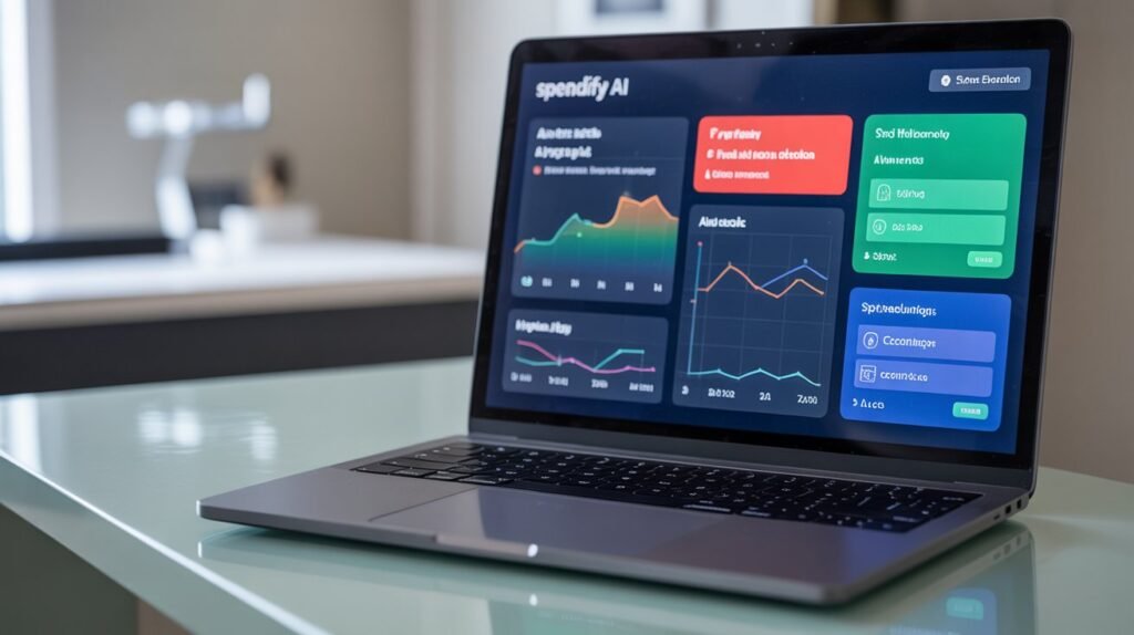 Ultra HD Spendify AI finance dashboard on a laptop screen featuring analytics charts, spending insights, fraud detection alerts, and smart budgeting tools.