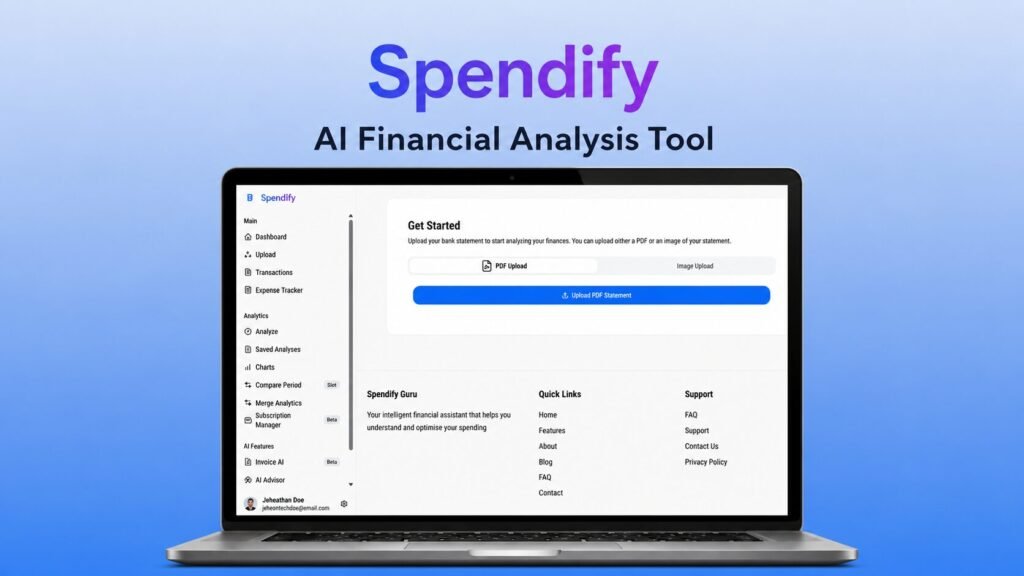 Spendify AI Financial Analysis Tool dashboard displayed on a modern laptop with expense tracking, subscription management, and financial analytics interface in ultra HD 12K resolution.