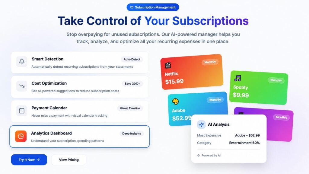 AI-powered subscription management dashboard showing smart detection, cost optimization, payment calendar tracking, and subscription analytics in ultra HD 8K resolution.