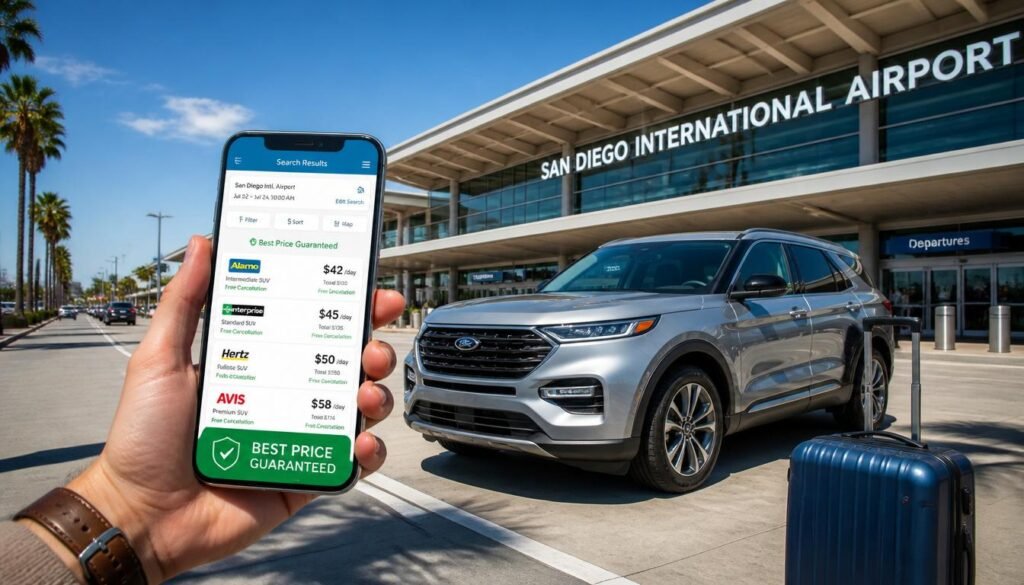 A smartphone showing a car rental booking app with a sleek silver rental SUV parked outside a modern USA airport terminal.