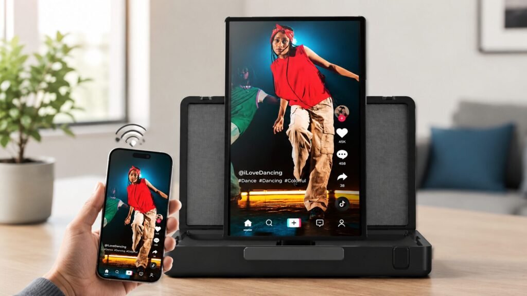 Wireless screen mirroring setup with smartphone streaming video to a tablet speaker dock in a modern home environment.