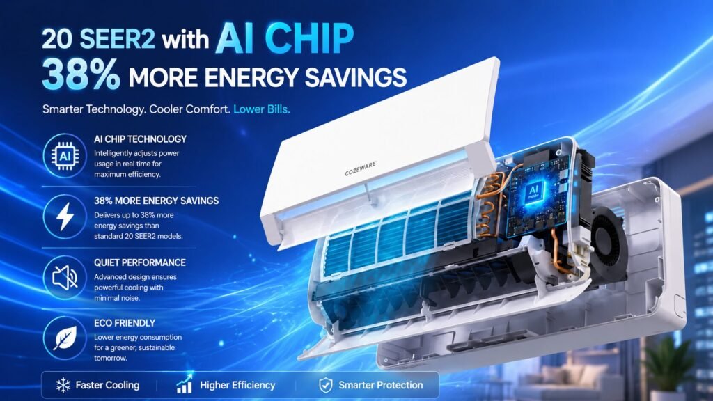 High-resolution 8K illustration of a 20 SEER2 split air conditioner with visible internal components and AI chip technology, highlighting 38% more energy savings through intelligent cooling optimization.