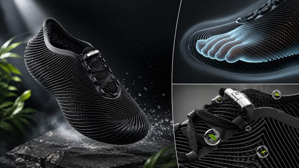 Cross-sectional view of a 3D-printed sneaker midsole showcasing lattice arch support, impact absorption, and energy-return cushioning technology.