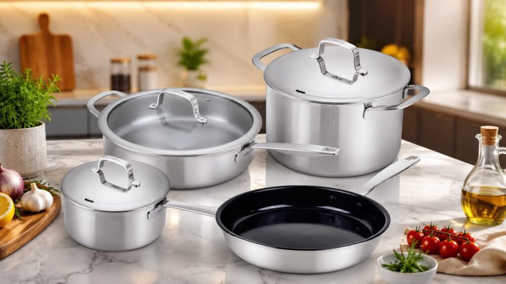 7-piece 5-ply stainless steel cookware set with frying pan, saucepans, and stockpot on a modern kitchen countertop, showcasing professional-grade cooking performance.