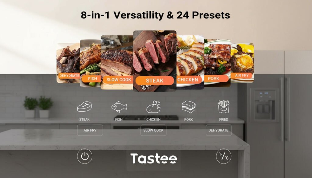 Multi-function air fryer featuring 8-in-1 cooking capabilities and 24 preset cooking programs for convenient meal preparation.