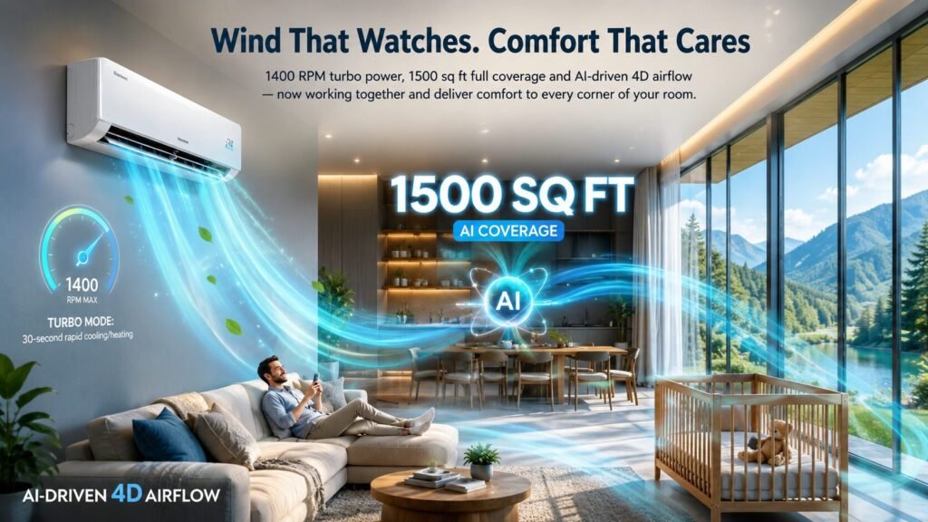 Modern ductless mini split air conditioner delivering AI-driven 4D airflow throughout a luxury open-concept living room with 1500 square feet coverage and turbo cooling technology.