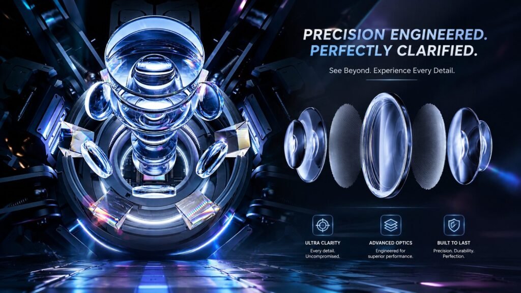 Advanced projector lens system featuring sapphire glass optics, rare-earth coatings, PixelLock technology, and titanium thermal stabilization.