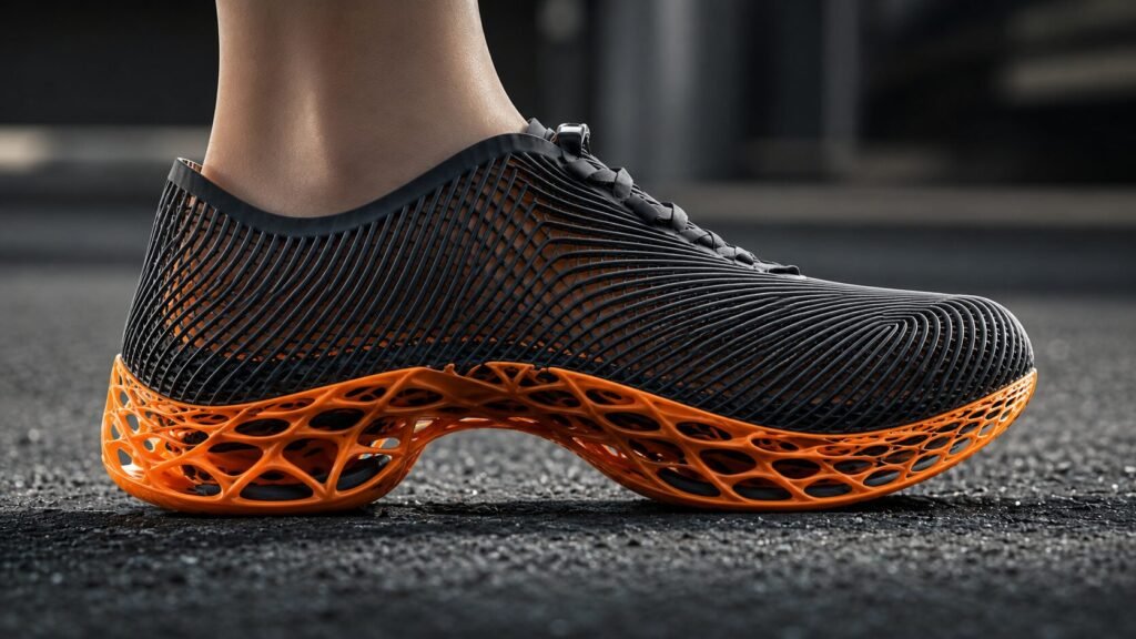 Side-profile view of the Nexbie Aeroraise 3D printed sneaker highlighting its orange open-air lattice midsole structure on a dark asphalt background.