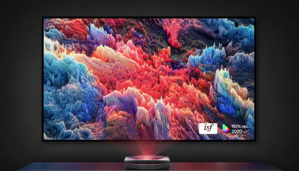 Aetherion Max RGB Laser projector displaying vibrant Rec.2020 colors with lifelike greens, reds, and HDR image quality.