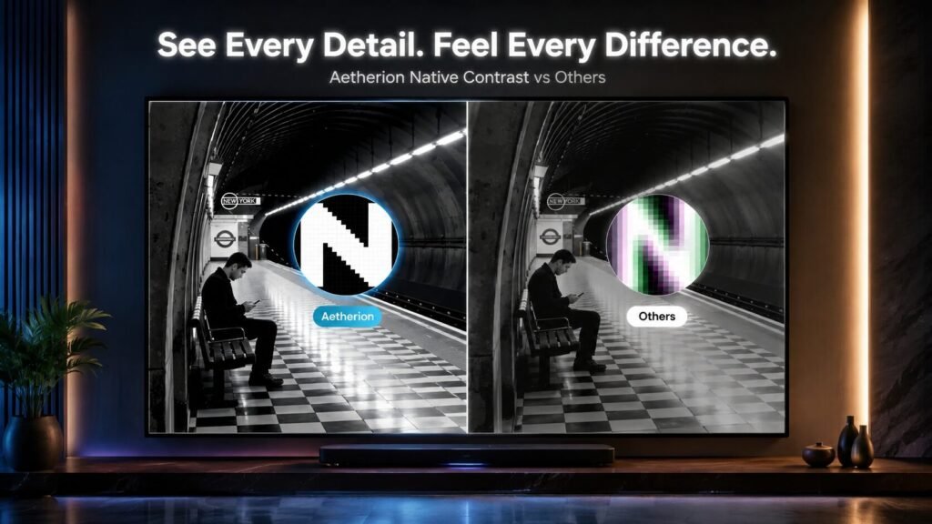 Side-by-side comparison of Aetherion Max native contrast performance versus standard UST projectors showing deeper blacks and higher dynamic range.