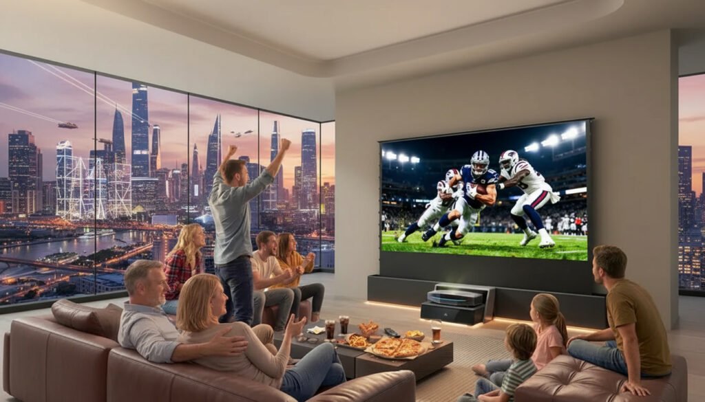 Family enjoying a large-screen home theater experience using the Aetherion Max RGB Laser UST Projector in a living room.