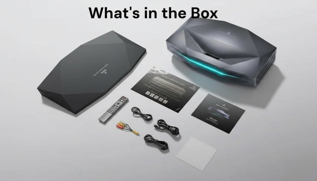 Aetherion Max RGB Laser UST Projector unboxing showing projector unit, remote control, cables, and included accessories neatly arranged.