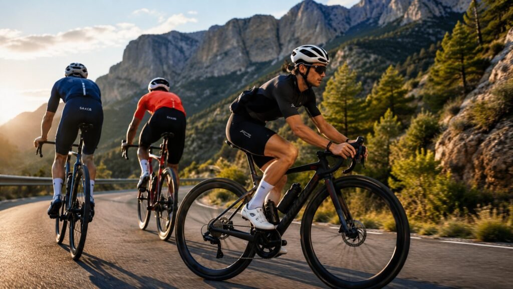 Cyclist in an aggressive aerodynamic riding position wearing stable bib shorts designed to prevent waistband movement and discomfort.