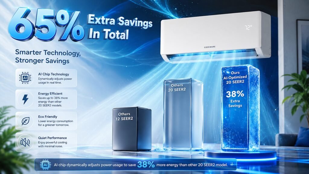 Ultra HD 8K advertisement of an AI-powered split air conditioner displaying 65% total energy savings and 38% extra efficiency compared with standard 20 SEER2 models, featuring futuristic blue graphics and smart cooling technology.