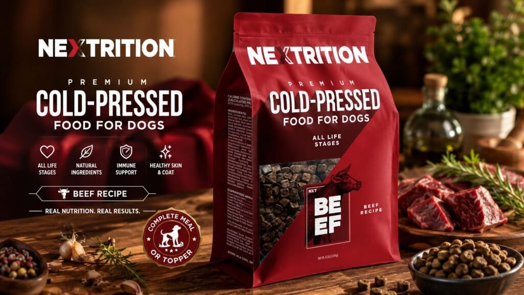 Premium cold-pressed dog food made with all-natural beef and nutrient-rich grains fruits and vegetables