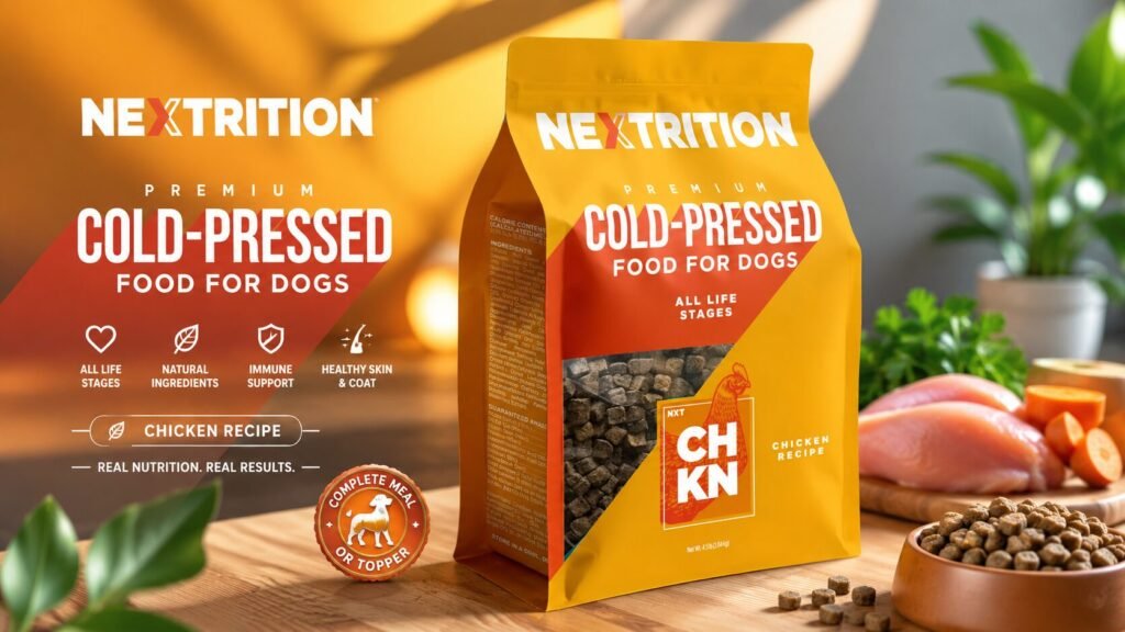 All-natural chicken recipe cold-pressed dog food made with clean ingredients for healthy pet nutrition