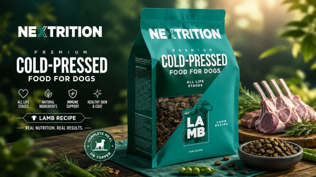Premium cold-pressed dog food featuring real lamb with wholesome grains fruits and vegetables for complete nutrition