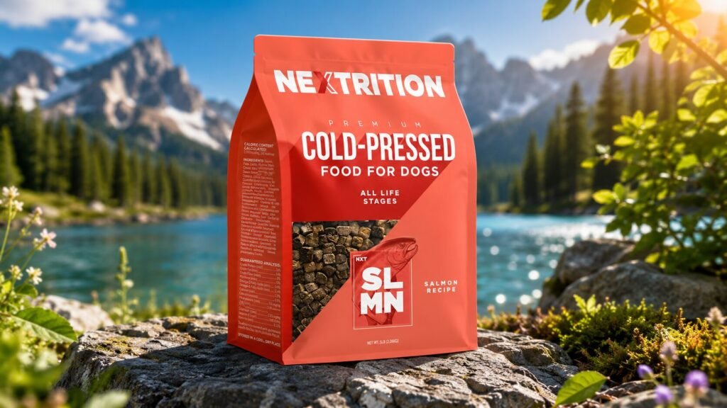 Premium cold-pressed dog food made with real salmon, wholesome grains, fruits, and vegetables for balanced nutrition