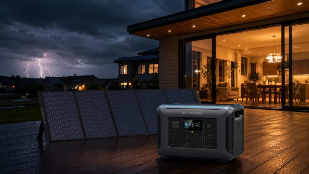 ALLPOWERS 4000W solar generator review featuring the R4000 portable power station and SP037 solar panels providing emergency home backup electricity during a neighborhood blackout.