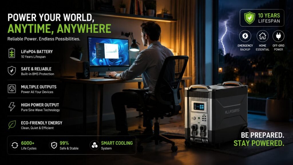 ALLPOWERS R4000 portable power station powering a professional creative workspace with computers, monitors, cameras, lighting equipment, and productivity tools.