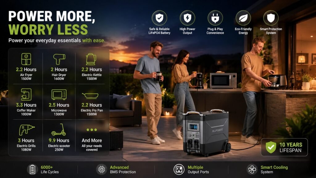 ALLPOWERS R4000 portable power station providing emergency home backup power for a refrigerator, Wi-Fi router, laptop, LED lights, and essential household devices during a blackout.