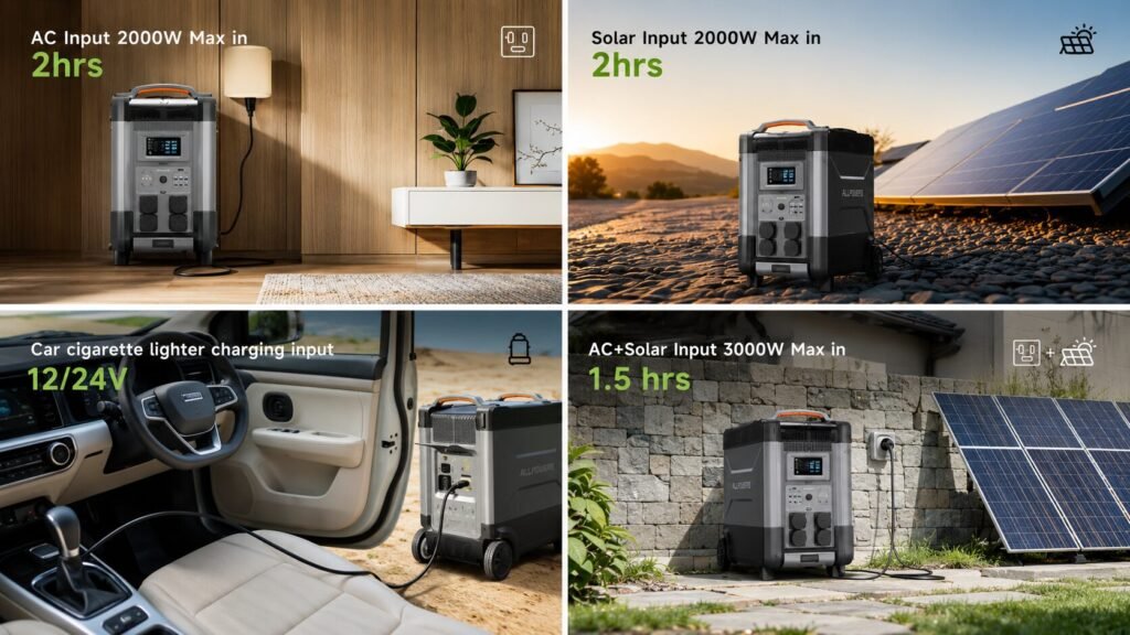 ALLPOWERS R4000 portable power station showcasing multiple charging options including AC charging, solar charging, dual AC and solar charging, and car charging.