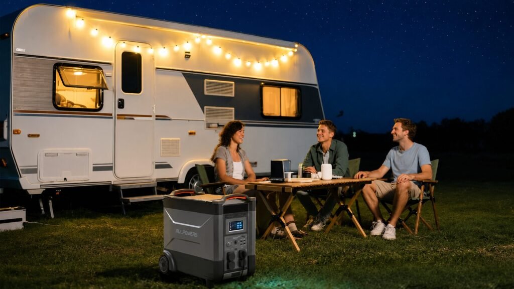 ALLPOWERS R4000 portable power station featuring heavy-duty wheels, an extendable pull handle, and a reinforced flat top for easy transport and storage.