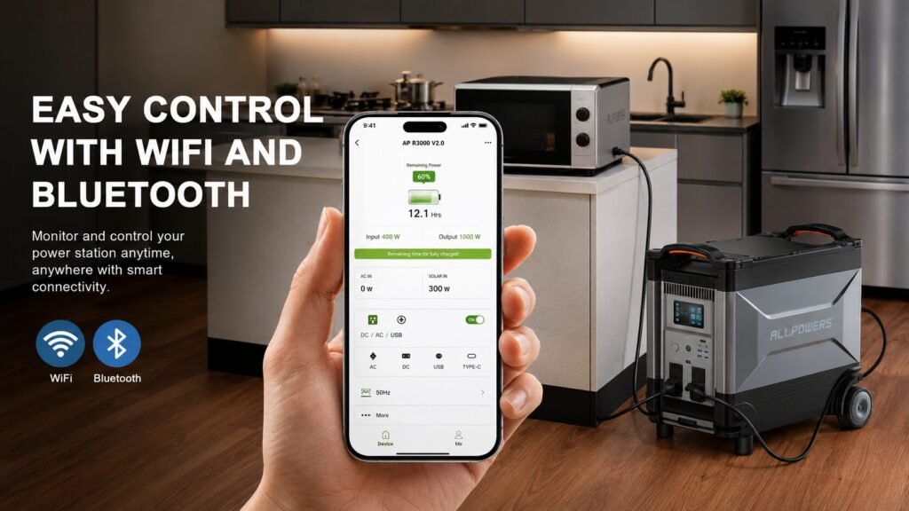 ALLPOWERS R4000 portable power station connected to a smartphone via WiFi and Bluetooth for remote monitoring, power management, and system control through the ALLPOWERS app.
