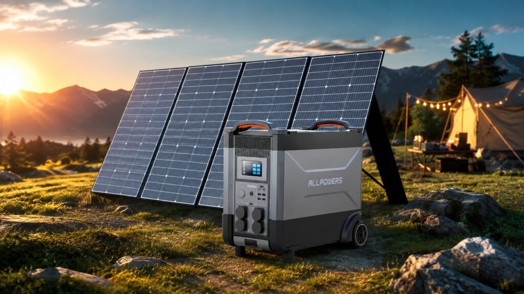 ALLPOWERS Solar Generator Kit 4000W featuring the R4000 portable power station connected to a SP037 400W foldable solar panel for off-grid power, RV camping, emergency backup, and home energy storage.