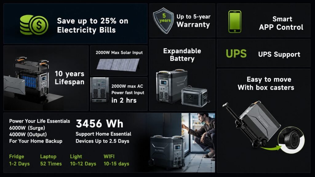 ALLPOWERS Solar Generator Kit 4000W specifications featuring the R4000 portable power station and SP037 400W foldable solar panel with key technical details and performance features.