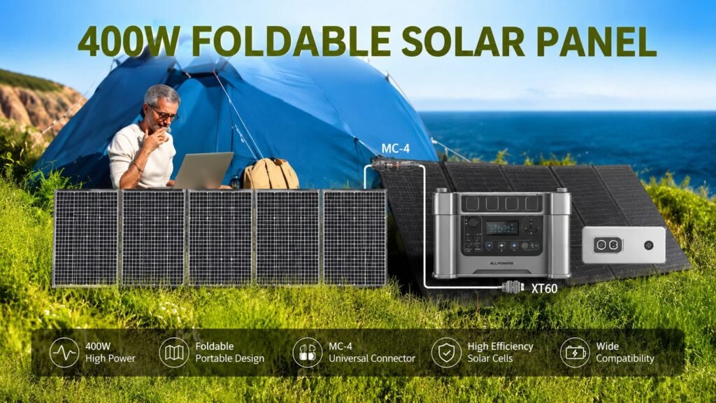 ALLPOWERS SP037 400W foldable solar panel connected to the R4000 power station, generating renewable energy for off-grid and backup power applications.