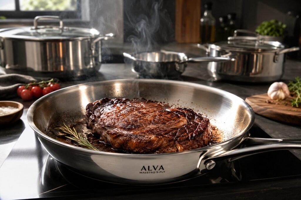A thick ribeye steak sizzling in a shimmering Alva Maestro 5-Ply stainless steel frying pan in a luxury kitchen, illustrating professional searing results to fix grey boiling.