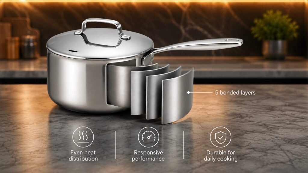 Cross-section diagram of 5-ply stainless steel cookware showing multiple metal layers for superior heat conductivity, durability, and cooking performance.
