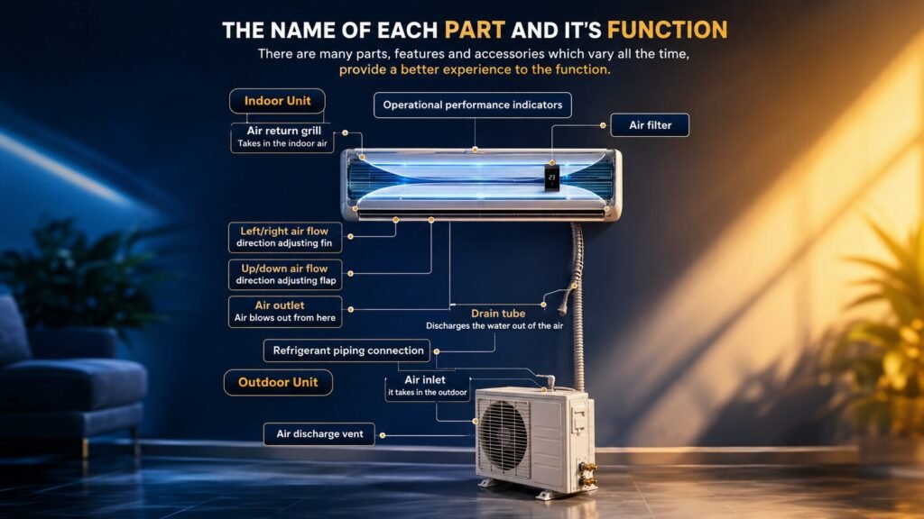 Detailed diagram showing the anatomy of a standard ductless mini split system setup, including indoor and outdoor units, air filter, drain tube, refrigerant lines, air inlet, and air discharge vent.