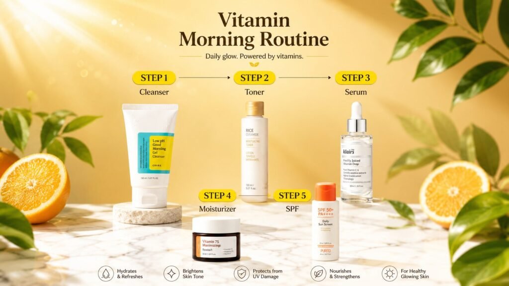 Step-by-step morning skincare routine showing the correct layering order of antioxidant-rich skincare products.