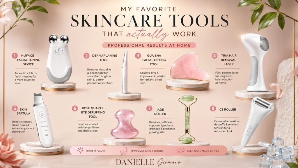 Collection of at-home skincare tools and beauty devices arranged neatly, including facial treatment wands, rollers, and skincare applicators for daily skin care routines.