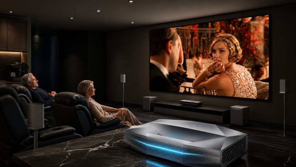 A hyper-realistic view of the AWOL Vision Aetherion Max triple laser UST projector displaying a 150-inch high-brightness image in a bright living room.