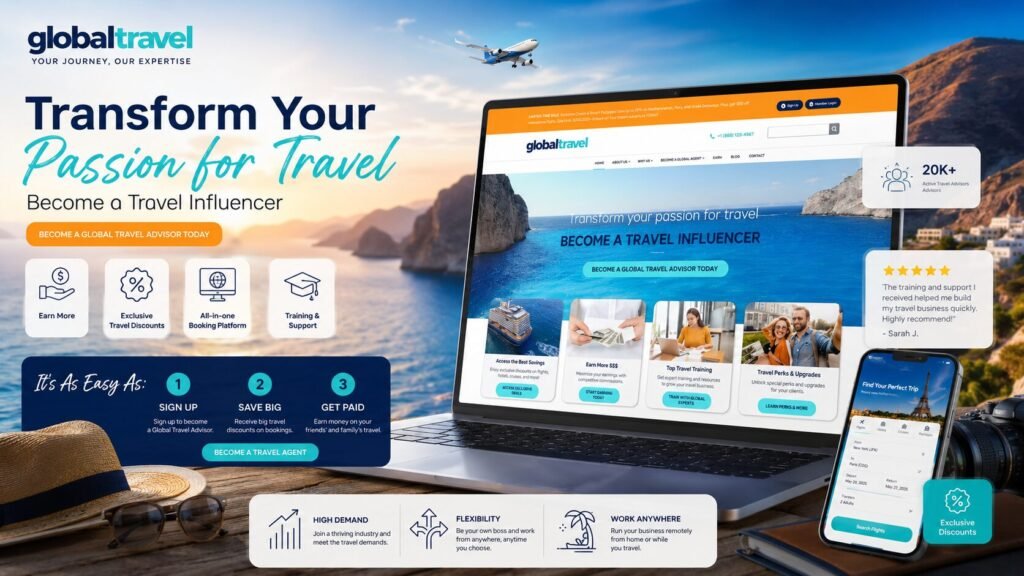 Travel influencer and global travel advisor opportunity promoting flexible travel income, exclusive hotel perks, travel rewards, and work-from-anywhere lifestyle.
