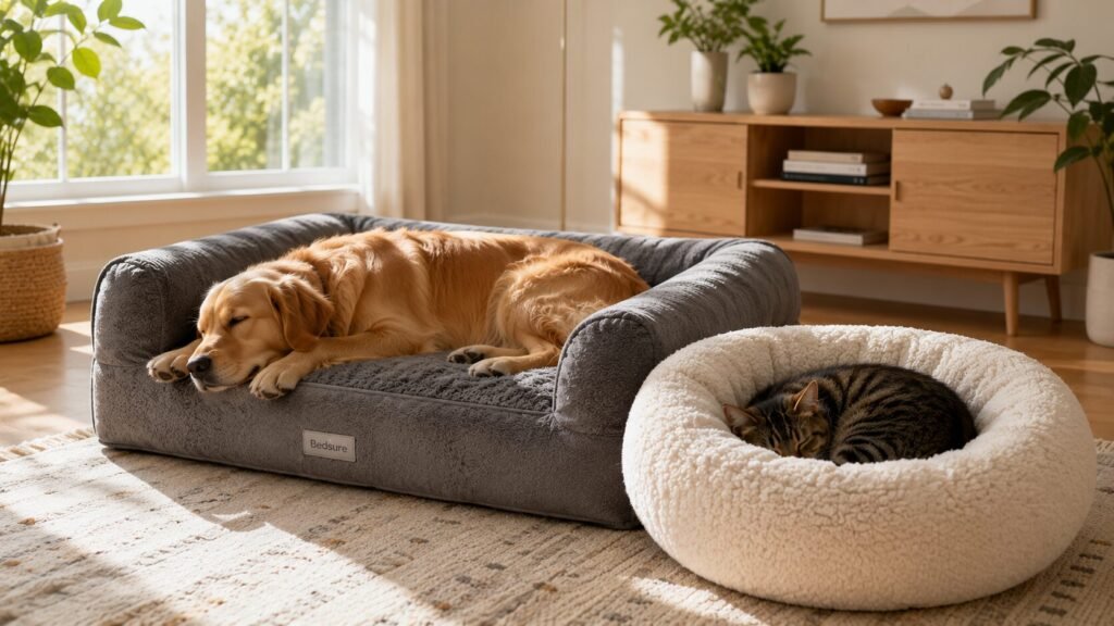 A large Golden Retriever dog resting comfortably on a thick grey Bedsure orthopedic pet bed next to a cat sleeping in a plush donut bed.