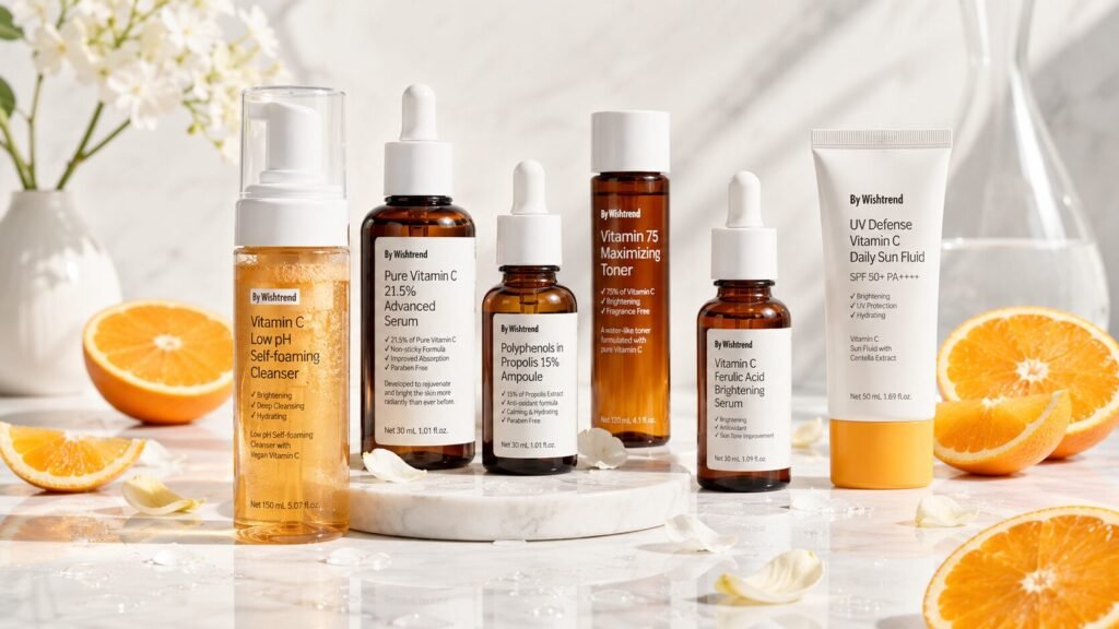 Premium K-beauty vitamin C kit with serum bottles, foaming cleanser, and fresh oranges on a marble surface