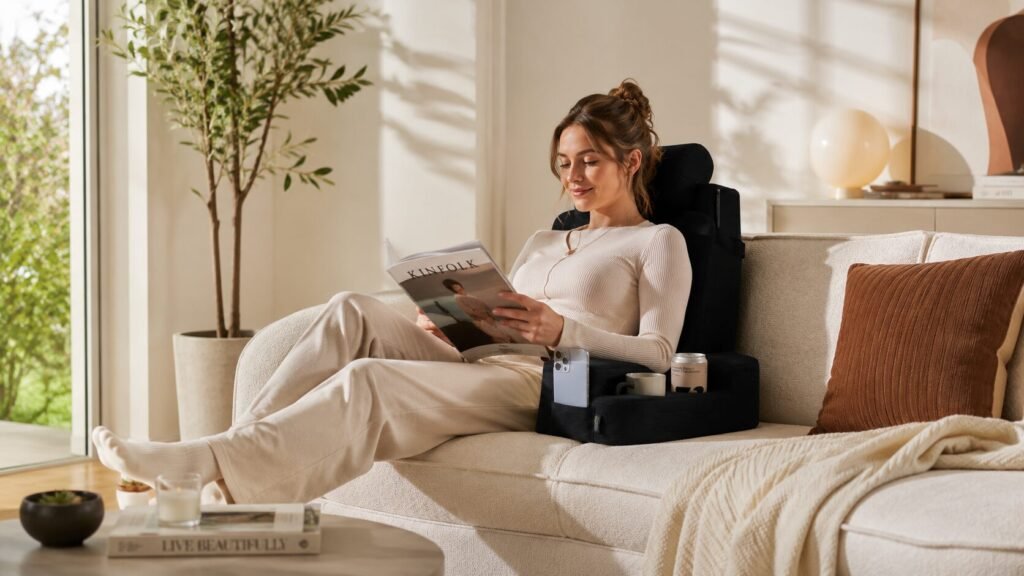 A person lounging comfortably on a modern living room sofa using the best reading pillow for couch support to maintain perfect posture and prevent back pain.