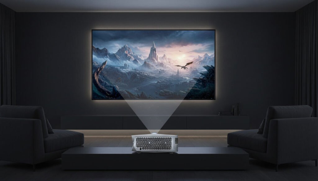 Ultra Short Throw projector placement guide showing optimal distance from the wall and screen size configuration.